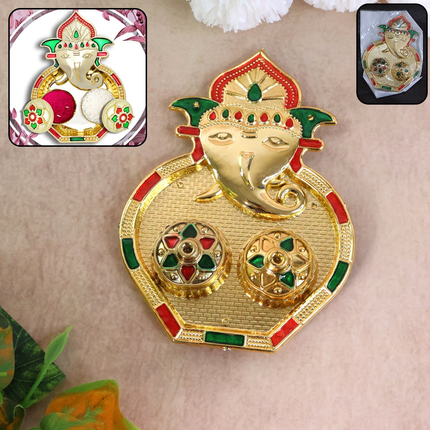 Decorative Ganesh design Kumkum box by Wukusy, made for home improvement, featuring intricate carvings and vibrant colors.