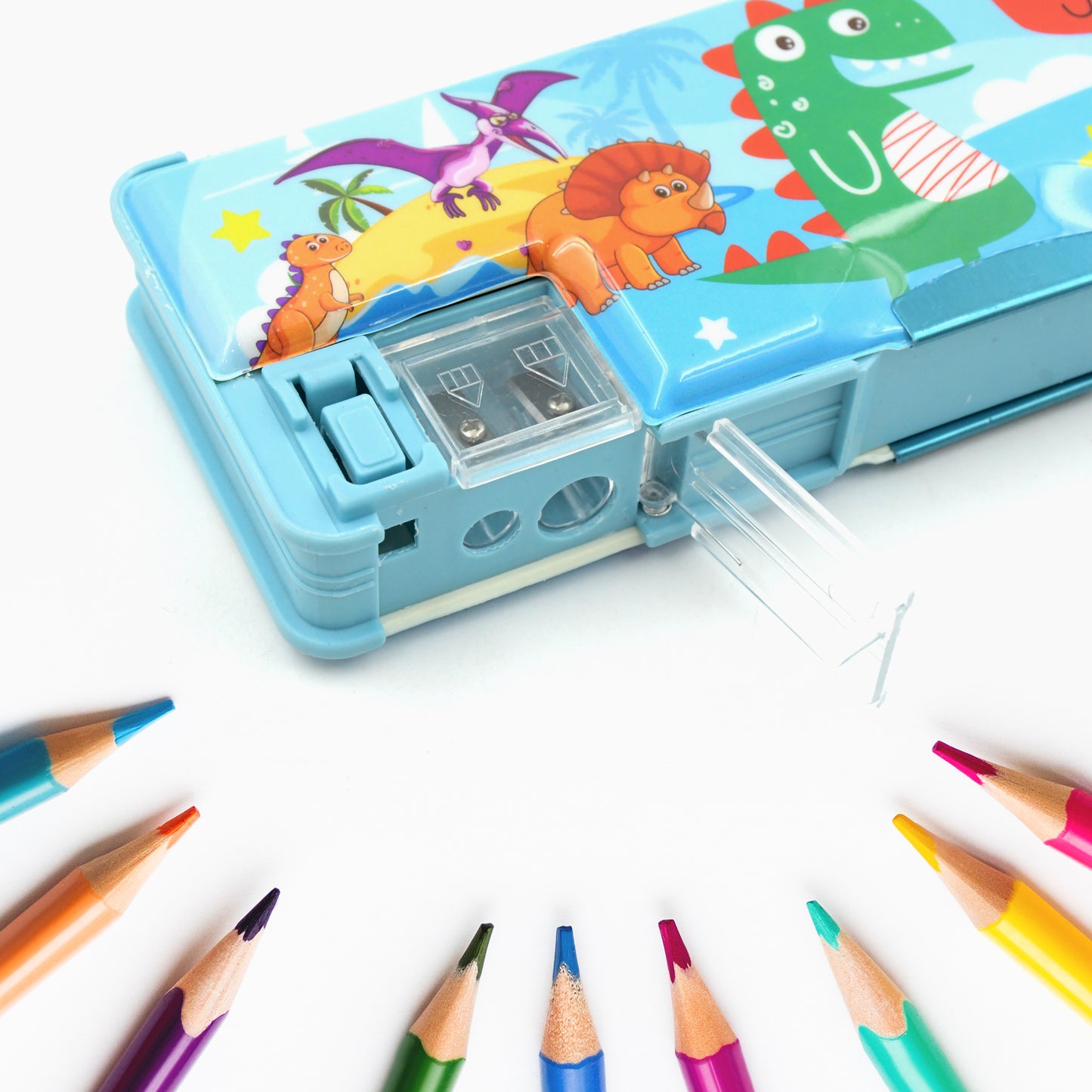 Wukusy 4252 multipurpose plastic double deck pencil case with cartoon print, two compartments for school supplies and organization.