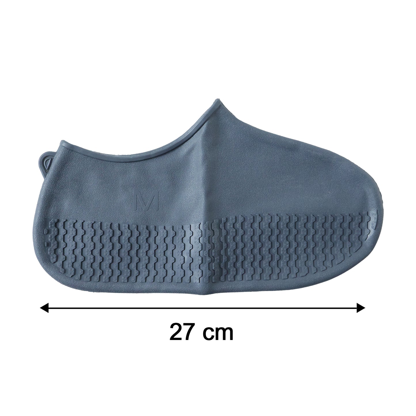 Pair of grey waterproof silicone shoe covers by Wukusy, medium size, designed to protect shoes from water and mud.