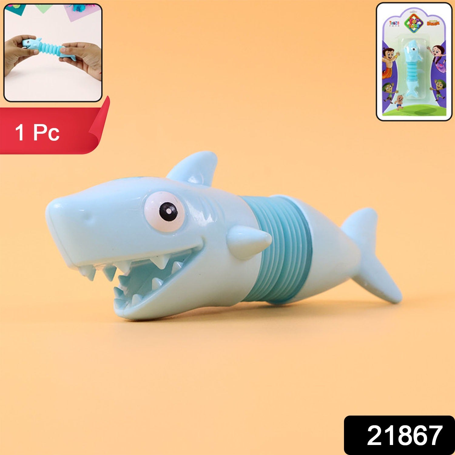 Shark-shaped magic spring toy by Wukusy, featuring a colorful flexible plastic spring with a shark design.