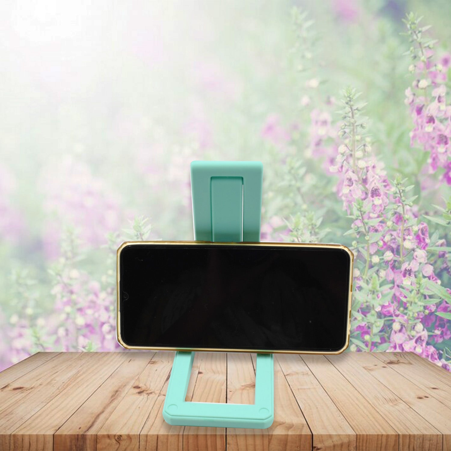 Wukusy mobile phone stand with adjustable angle and height, foldable, non-slip desktop holder for all smartphones.