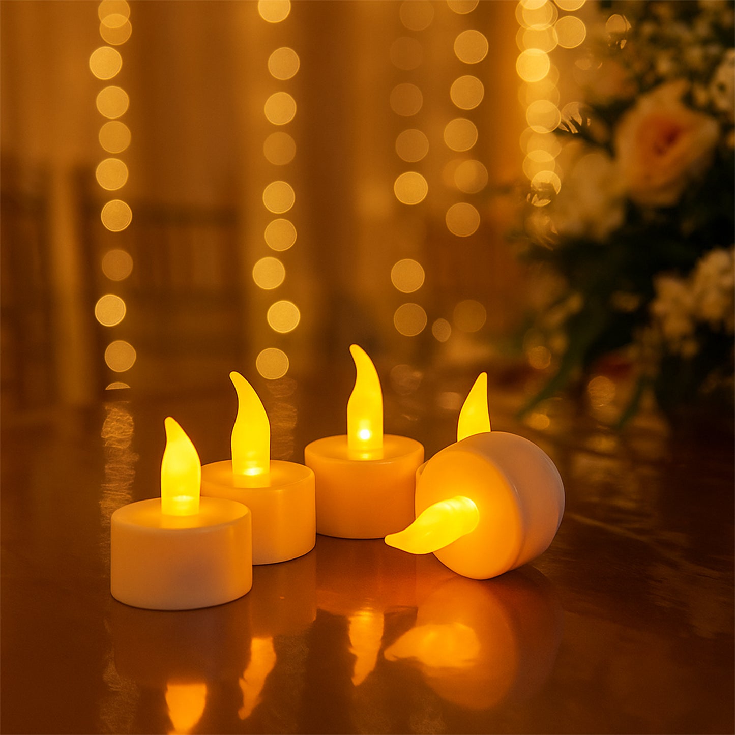 Set of six Wukusy LED flameless tealight candles for home decor, with warm flickering light and realistic wax appearance.