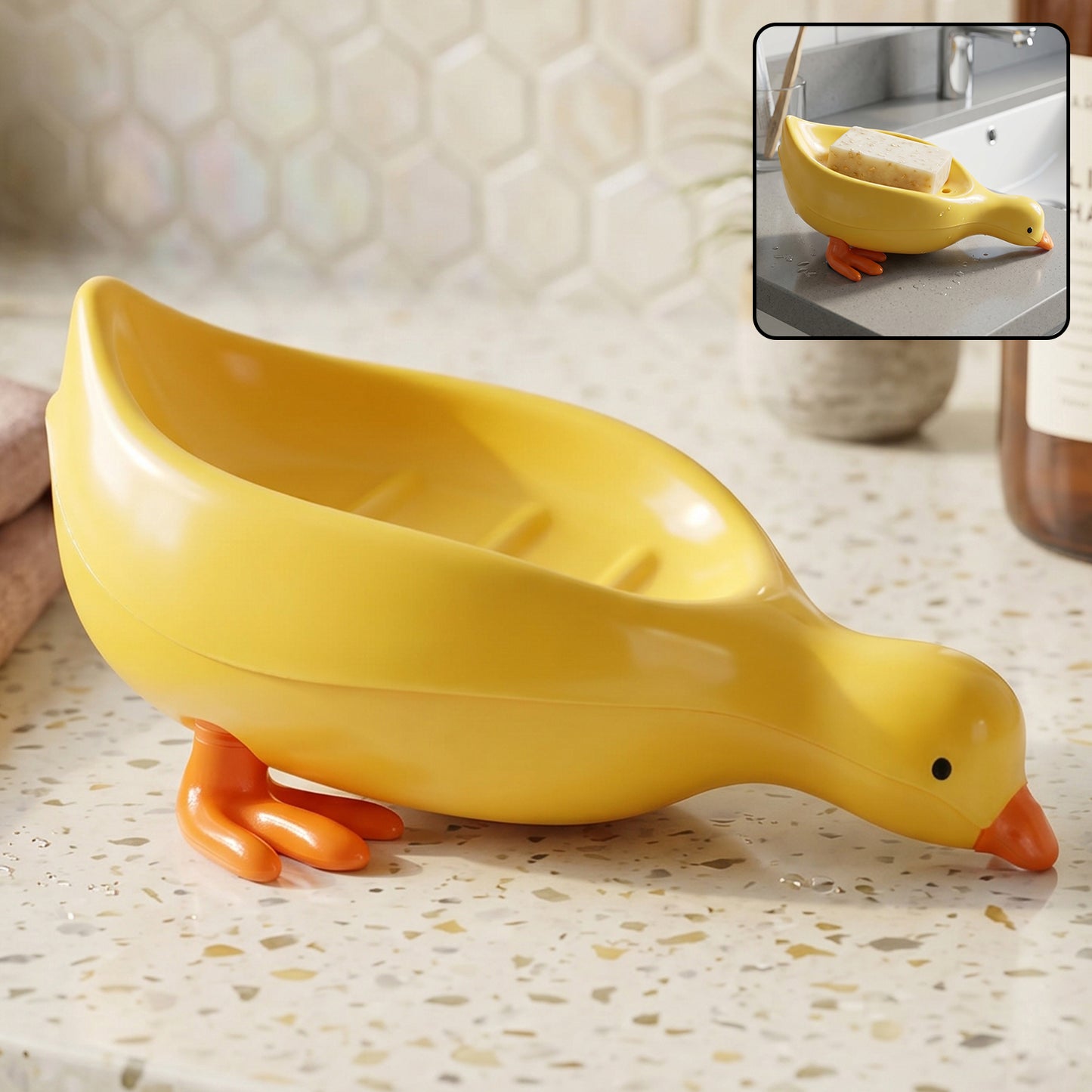 Cute duck-shaped plastic soap holder box for bathroom, ideal as a kids soap dish tray, featuring a colorful duck design.