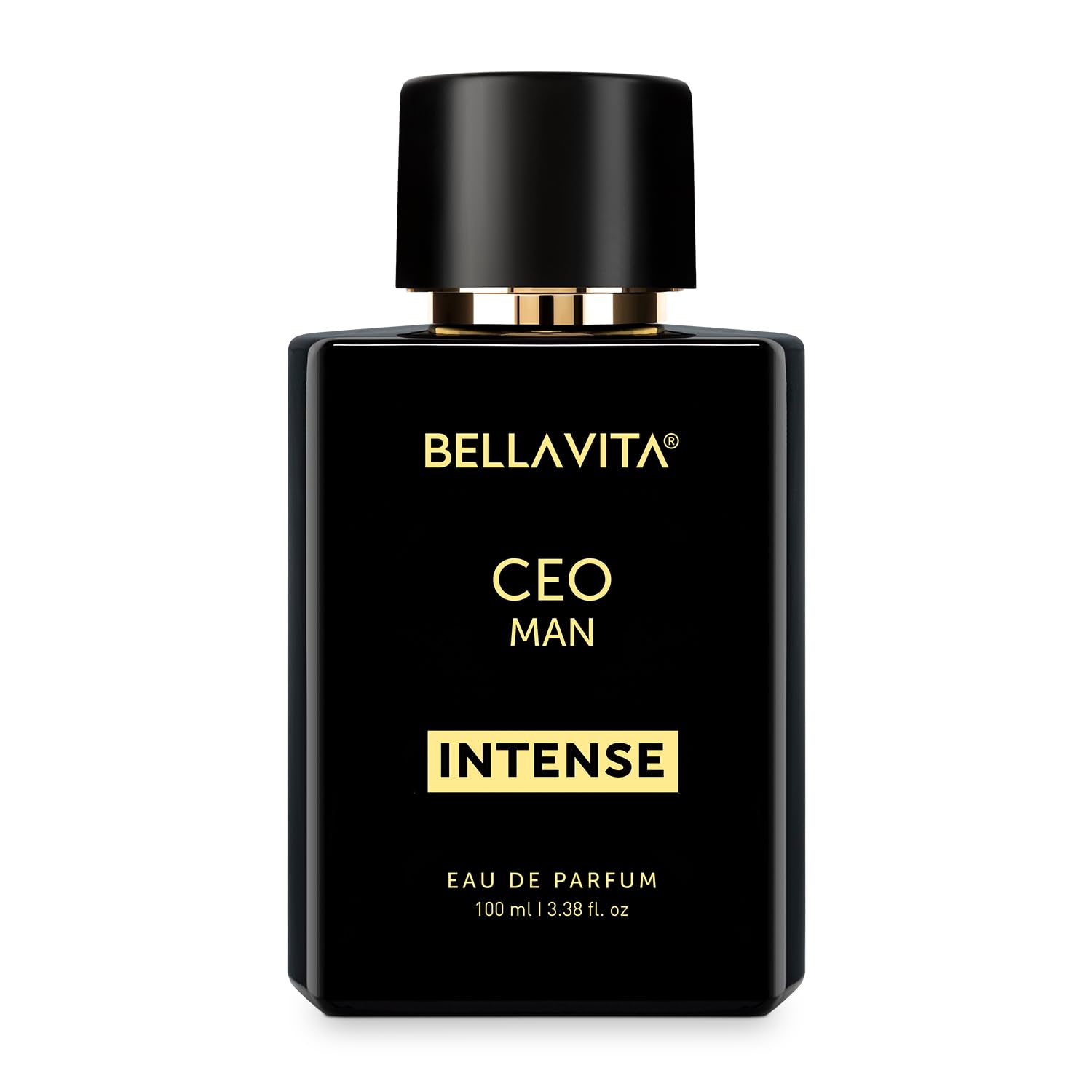Bellavita Premium CEO Man Intense Eau de Perfume bottle by Wukusy, 100 ml, elegant glass container with dark liquid perfume.