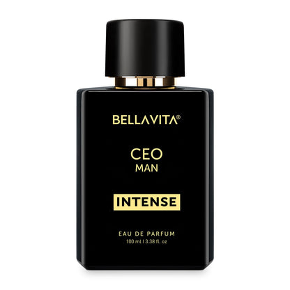 Bellavita Premium CEO Man Intense Eau de Perfume bottle by Wukusy, 100 ml, elegant glass container with dark liquid perfume.
