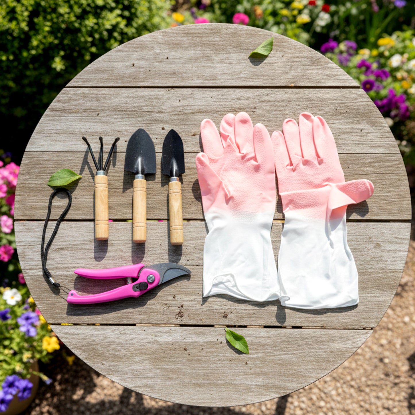 Wukusy complete gardening tool kit set with trowel, pruning shears, transplanter, and gloves on a gardening table.