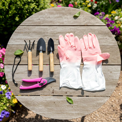Wukusy complete gardening tool kit set with trowel, pruning shears, transplanter, and gloves on a gardening table.
