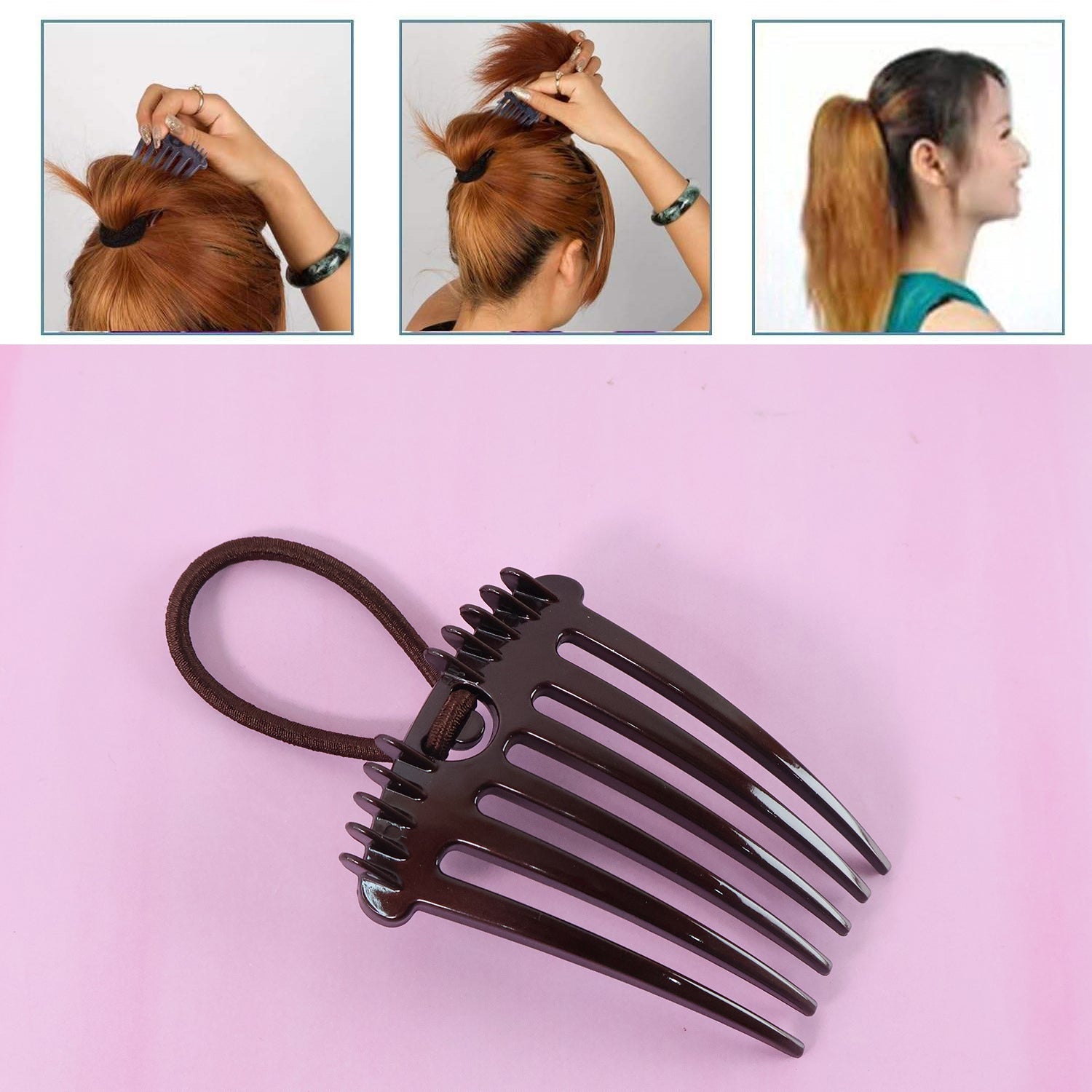 Wukusy ponytail comb with elastic loop for secure hair styling, shown with the comb and elastic band on a white background.