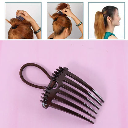 Wukusy ponytail comb with elastic loop for secure hair styling, shown with the comb and elastic band on a white background.