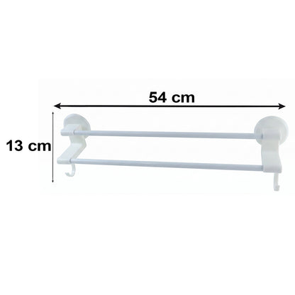 Wall mounted double bar towel holder rack with side hooks by Wukusy, showing a sleek stainless steel design on a bathroom wall.