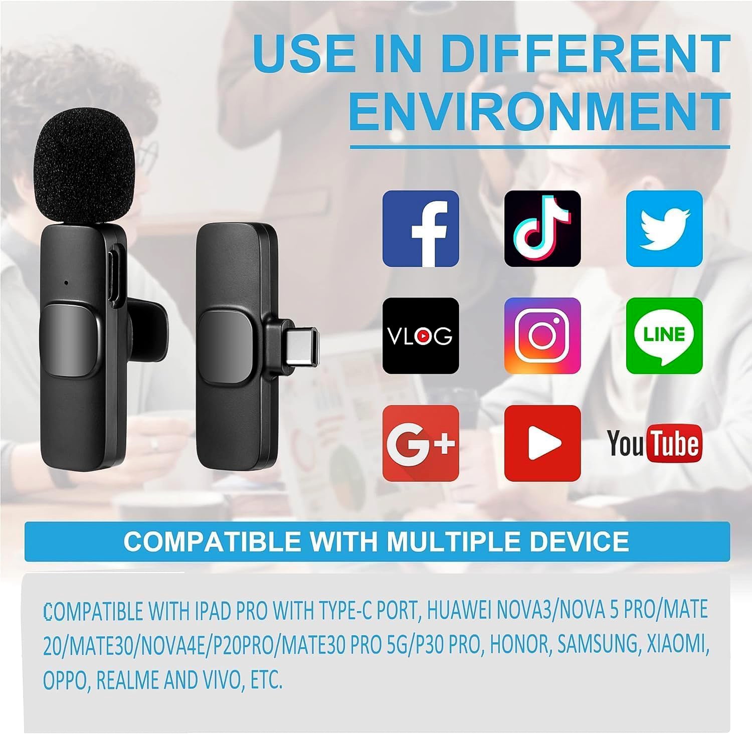 Wukusy K9 Dual Wireless Microphone Set for mobile devices, with two microphones and compact wireless receivers.