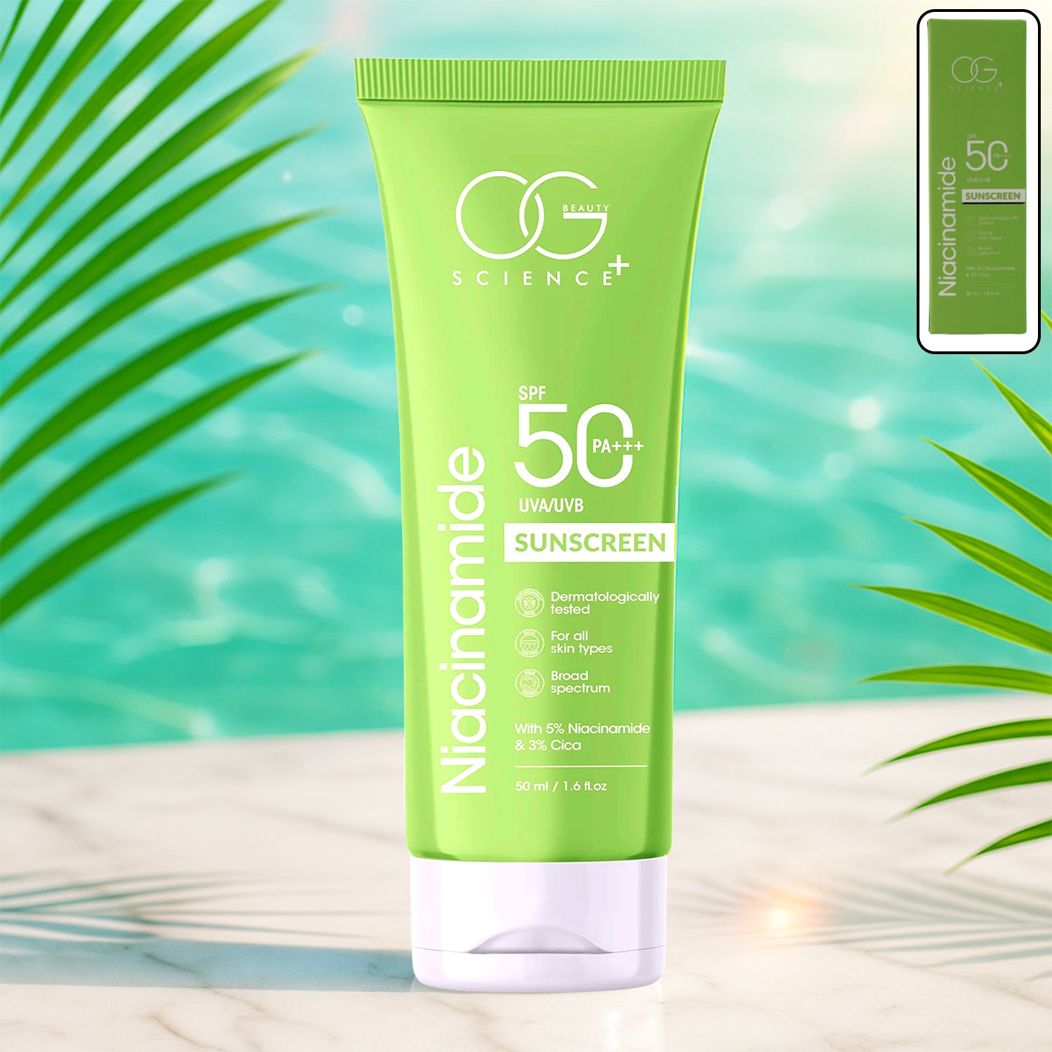 Wukusy Og Beauty Niacinamide Sunscreen SPF 50 PA+++ bottle with bright packaging and pump dispenser on a white background