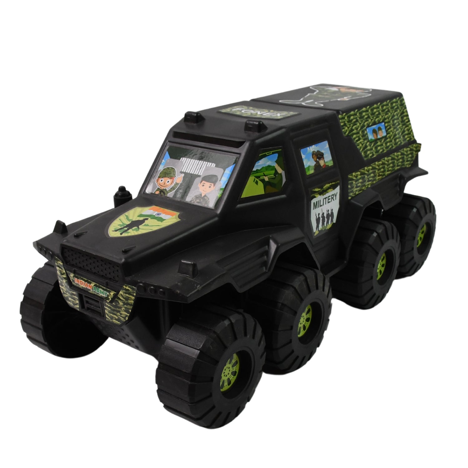 Plastic toy car with eight wheels from Wukusy, designed for children, featuring a sturdy military-style military vehicle appearance.