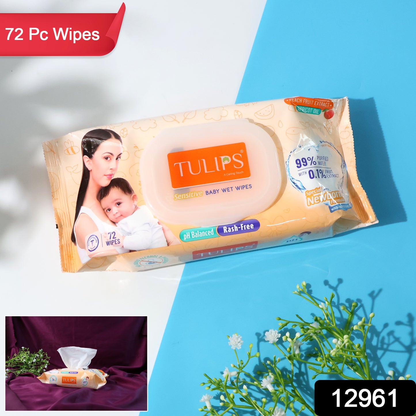 Wukusy Tulips Sensitive Baby Wet Wipes in a pack, gentle and hypoallergenic for delicate baby skin, suitable for sensitive skin care.