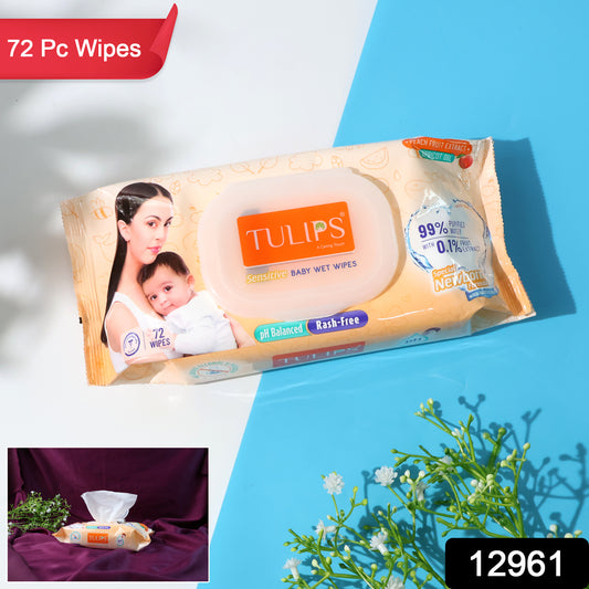 Wukusy Tulips Sensitive Baby Wet Wipes in a pack, gentle and hypoallergenic for delicate baby skin, suitable for sensitive skin care.
