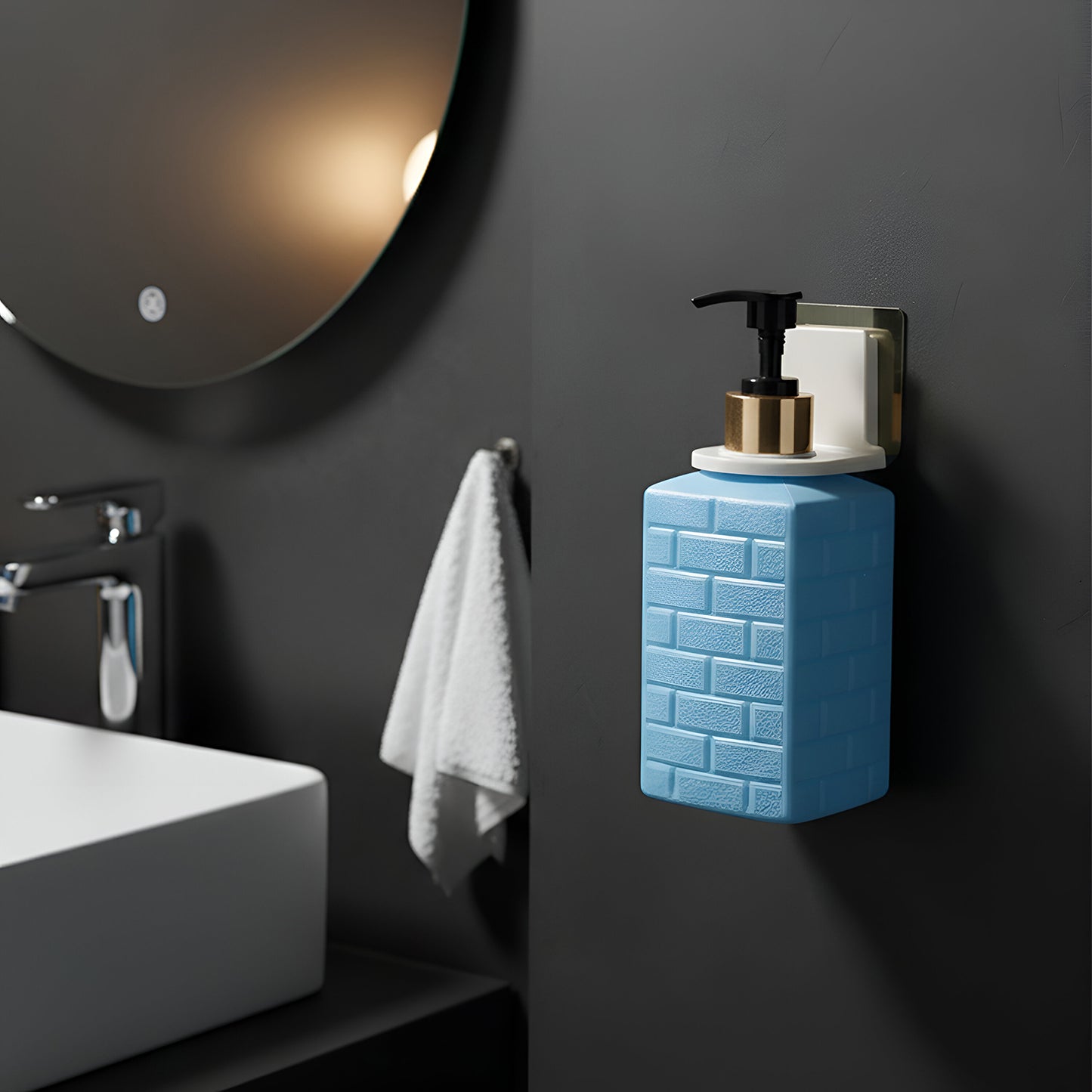 Wall-mounted Wukusy liquid soap dispenser set with sleek design, mounted on a bathroom wall with a pump for easy soap dispensing.