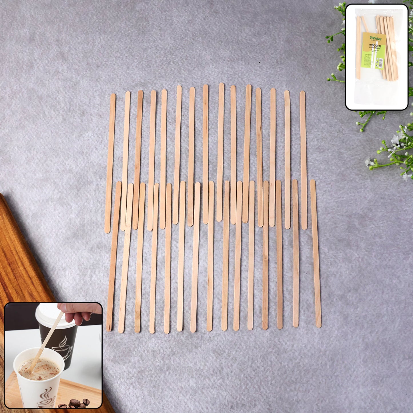 Wukusy Freshee wooden coffee stirrers, 30-pack, 140.51 mm long, ideal for home and kitchen coffee stirring.