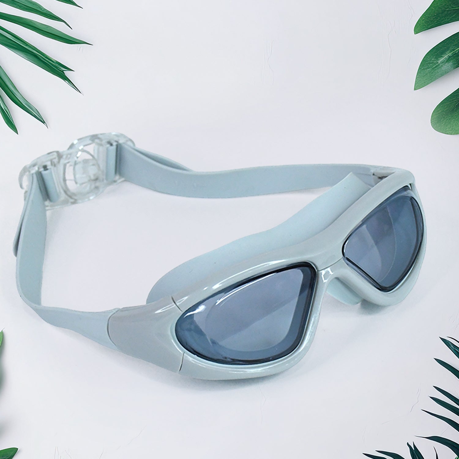 Wukusy wide vision swimming goggles with adjustable straps and clear lenses, stored in a protective hard case for sports swimming.