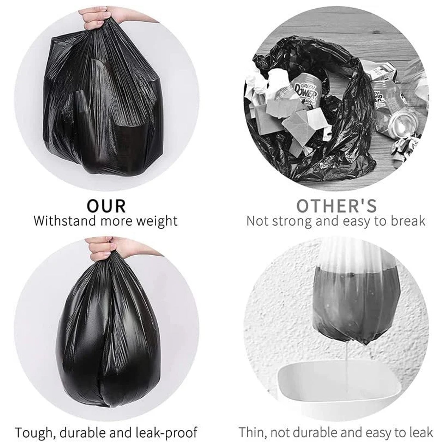 Black heavy-duty garbage bag roll by Wukusy for home and commercial waste disposal, shown in a roll ready for use.