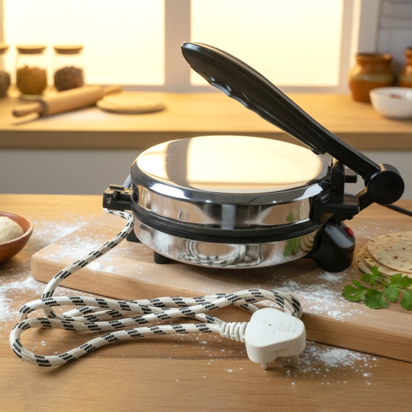 Wukusy electric roti maker with stainless steel heating plate, compact kitchen appliance for making flatbreads