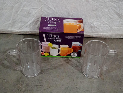 Wukusy 5579 clear juice glasses with handles, unbreakable plastic beer mugs, ideal for kids, multipurpose home and kitchen use.