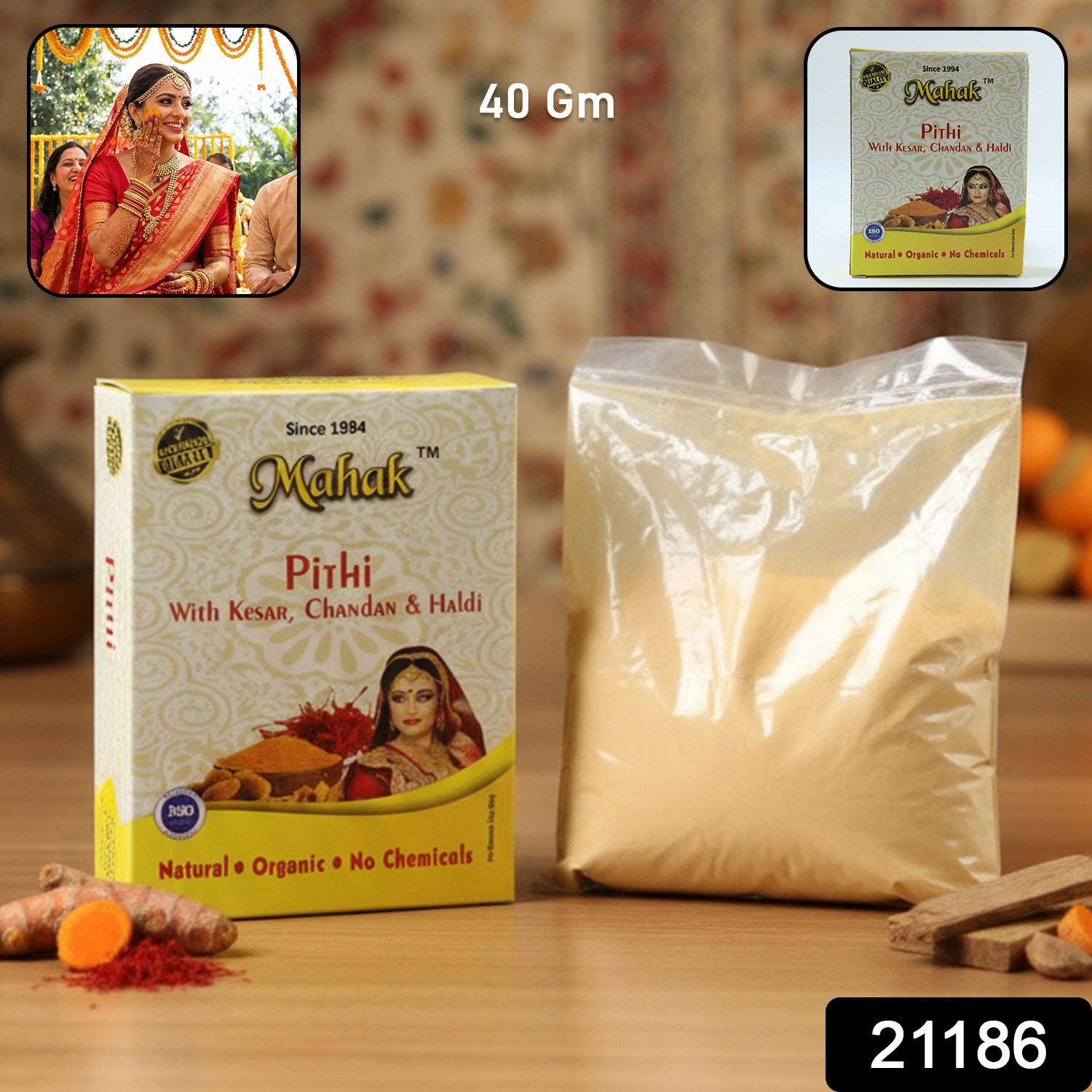 Traditional Mahak Pithi face and body powder by Wukusy, 40g, shown in a clear image with natural ingredients and packaging.