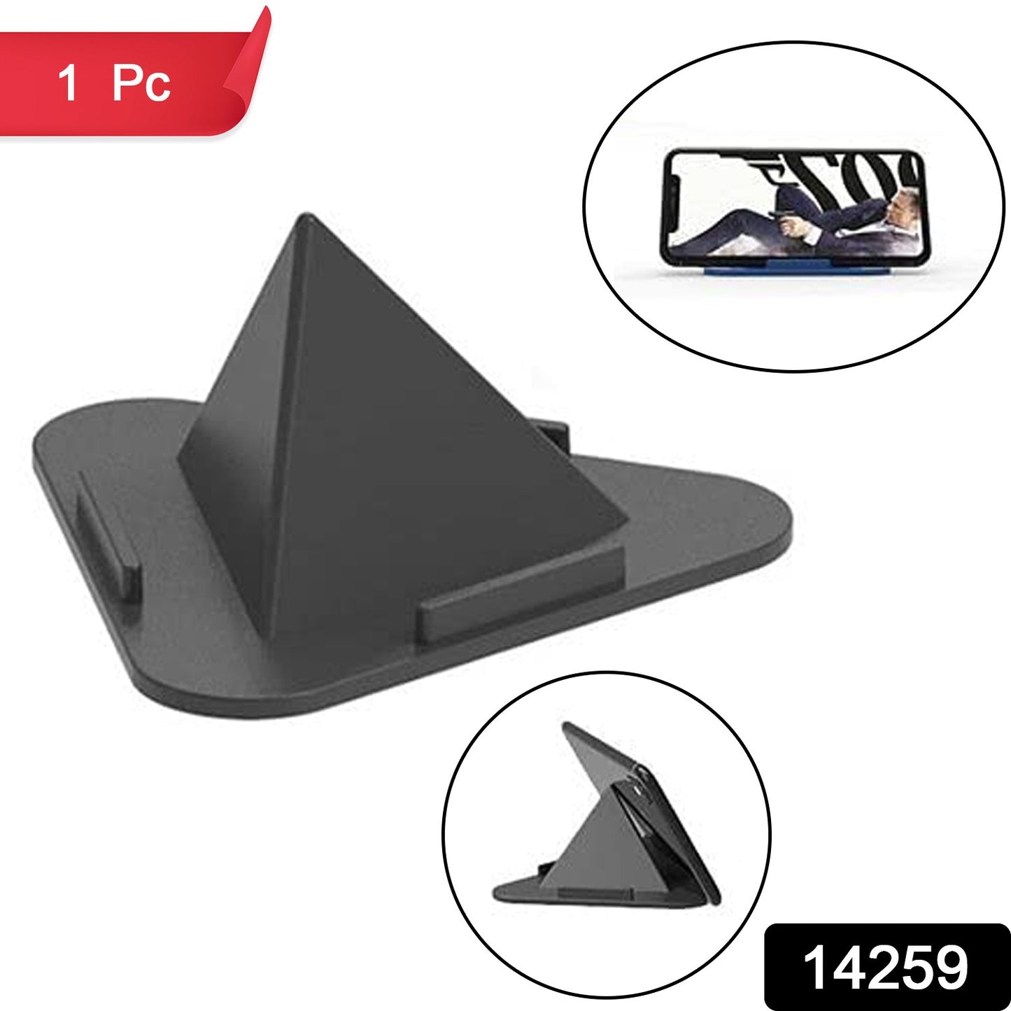 Wukusy Pyramid Black mobile stand with three inclined angles, designed for hands-free support of smartphones and mobile devices.