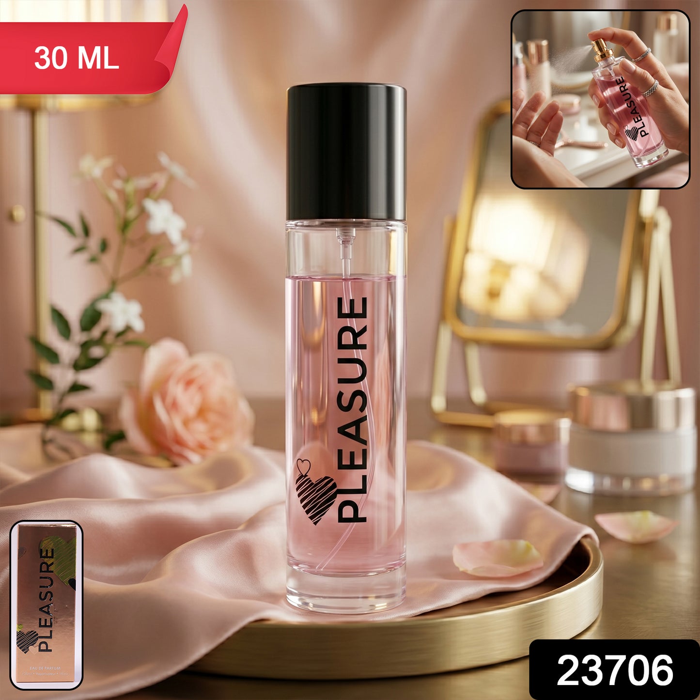 Wukusy Pleasure Eau De Parfum spray bottle, 30ml, with elegant packaging and a luxurious fragrance display.