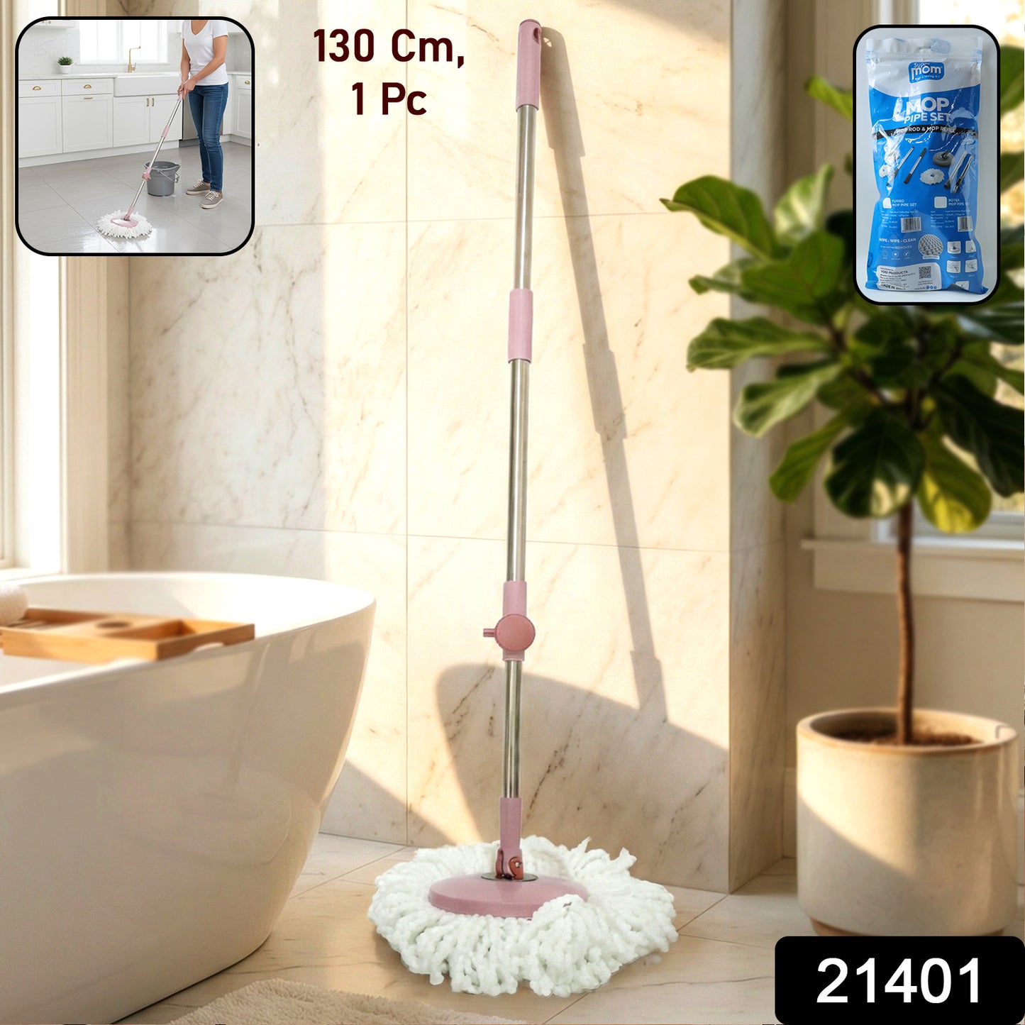 Wukusy Supermom Turbo Spin Mop Pipe Set with 130 cm adjustable handle and mop bucket for efficient cleaning.