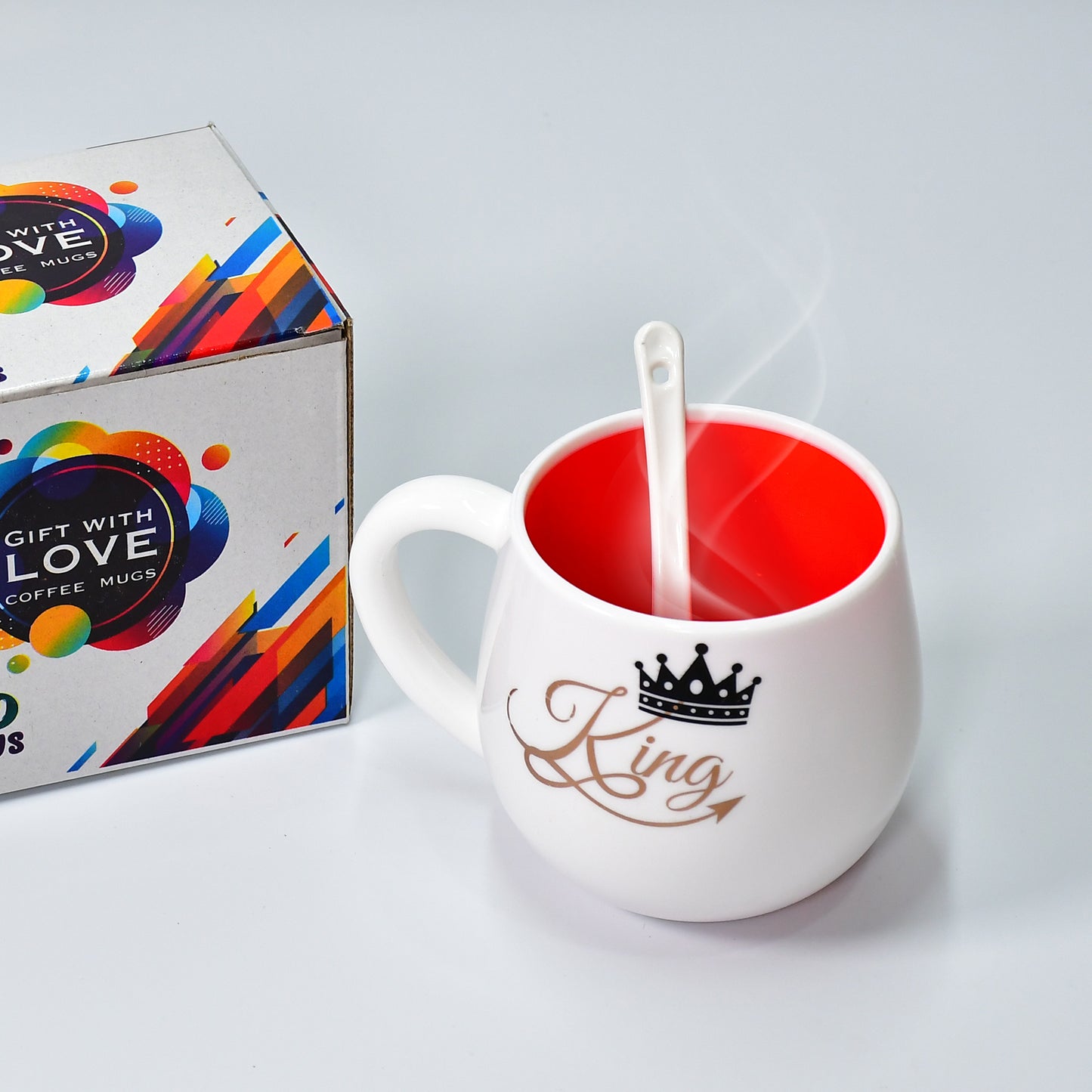 Wukusy 4975 multi-design ceramic coffee mug with spoon, box packaging, microwave safe, ideal for gifting to friends
