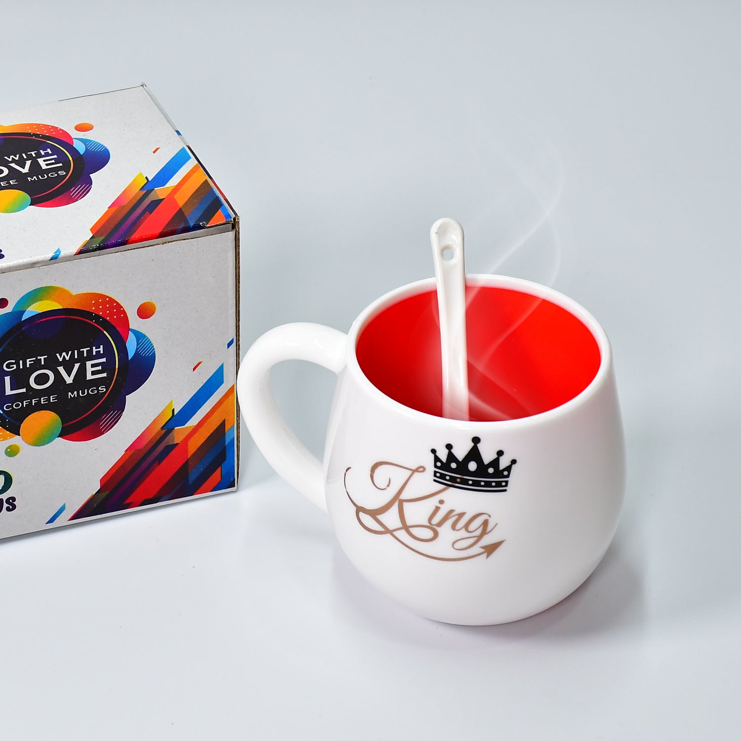 Wukusy 4975 multi-design ceramic coffee mug with spoon, box packaging, microwave safe, ideal for gifting to friends
