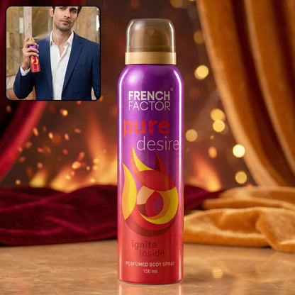 Wukusy French Factor Pure Desire perfumed body spray in 150ml bottle, elegant and sleek design with floral accents.