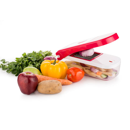 Red Wukusy 8102 Ganesh plastic vegetable and fruit chopper with sharp blades for easy kitchen prep.