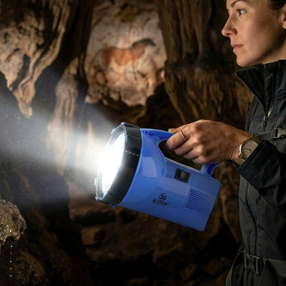 Wukusy Omega 35W rechargeable LED laser light with high power beam, shown emitting a bright, focused laser beam in dark setting.