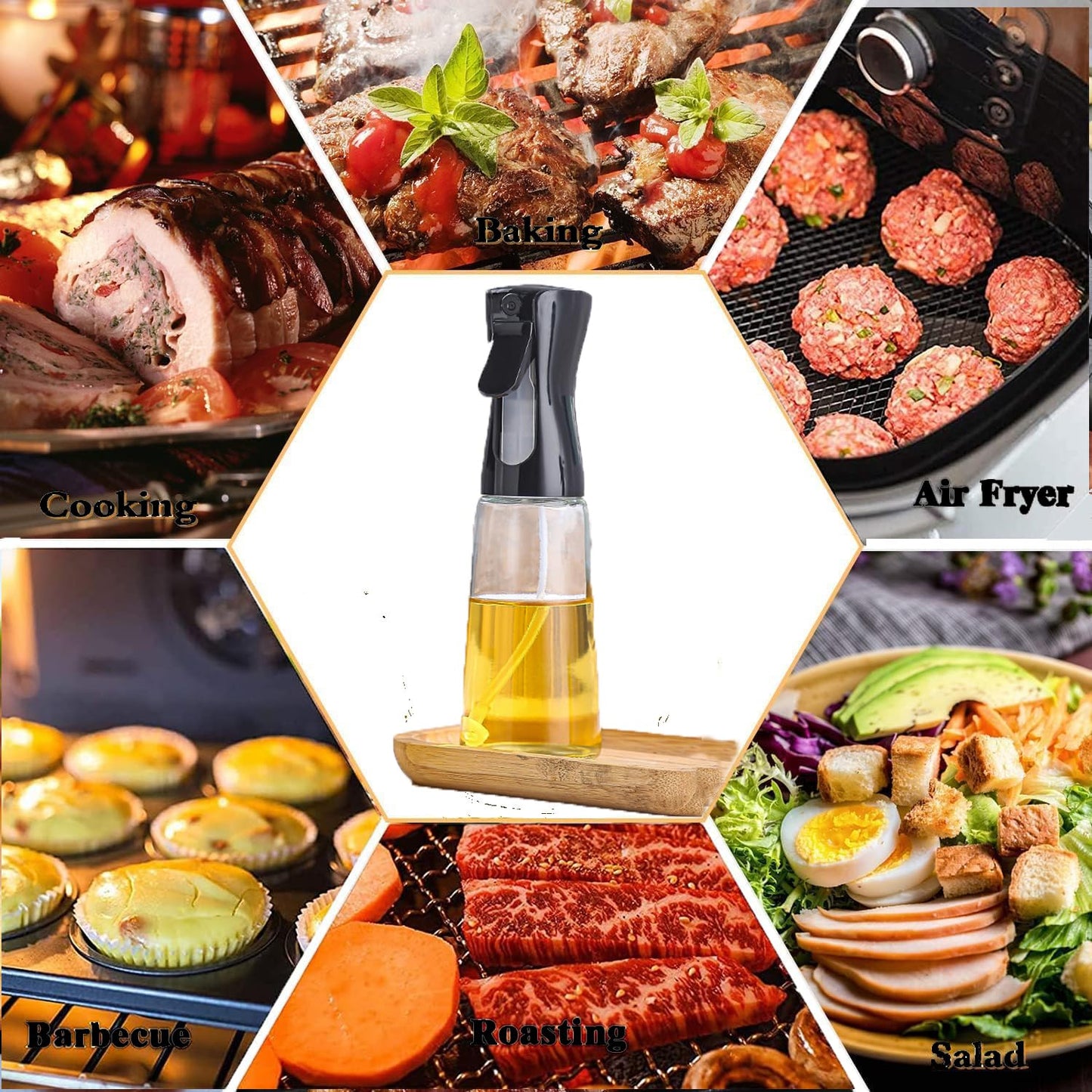 Glass Wukusy Premium Oil Spray Bottle, 300ml, with clear glass body and spray nozzle for cooking or salad dressings.