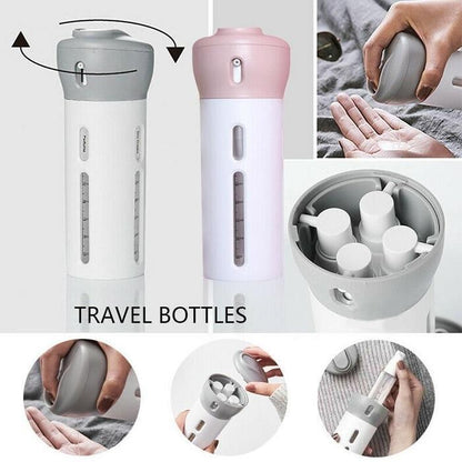 Wukusy 4-in-1 travel dispenser bottle set with refillable cosmetic containers for toiletries and liquids.