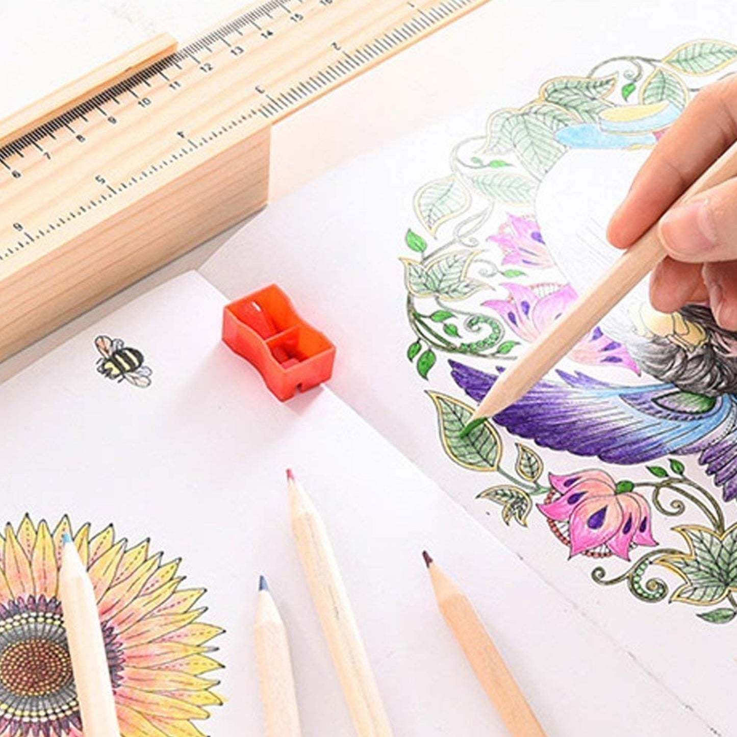 Colorful wooden pencil set with box, ruler, and sharpener by Wukusy for kids, artists, and architects, ideal for drawing and coloring.