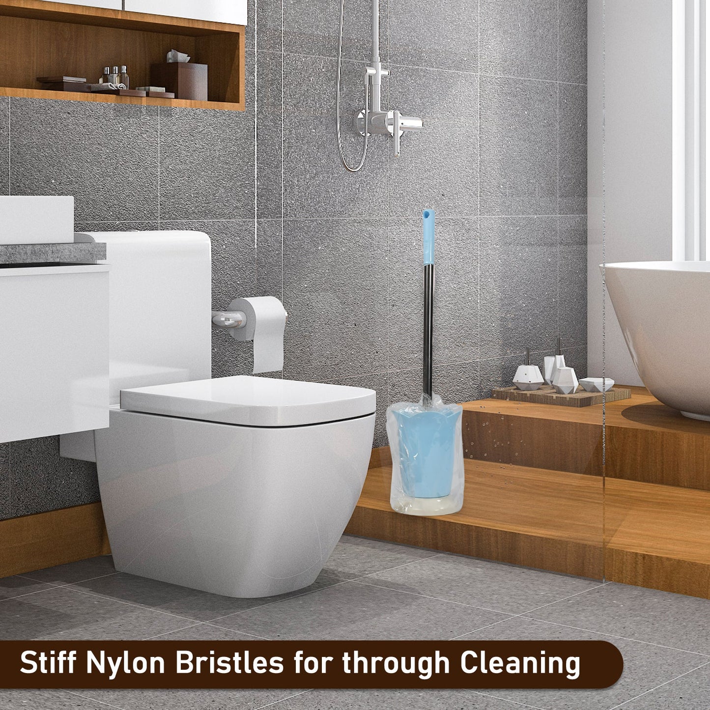 Wukusy premium plastic toilet brush with holder stand, suitable for Western and Indian toilets, bathroom cleaning tool.