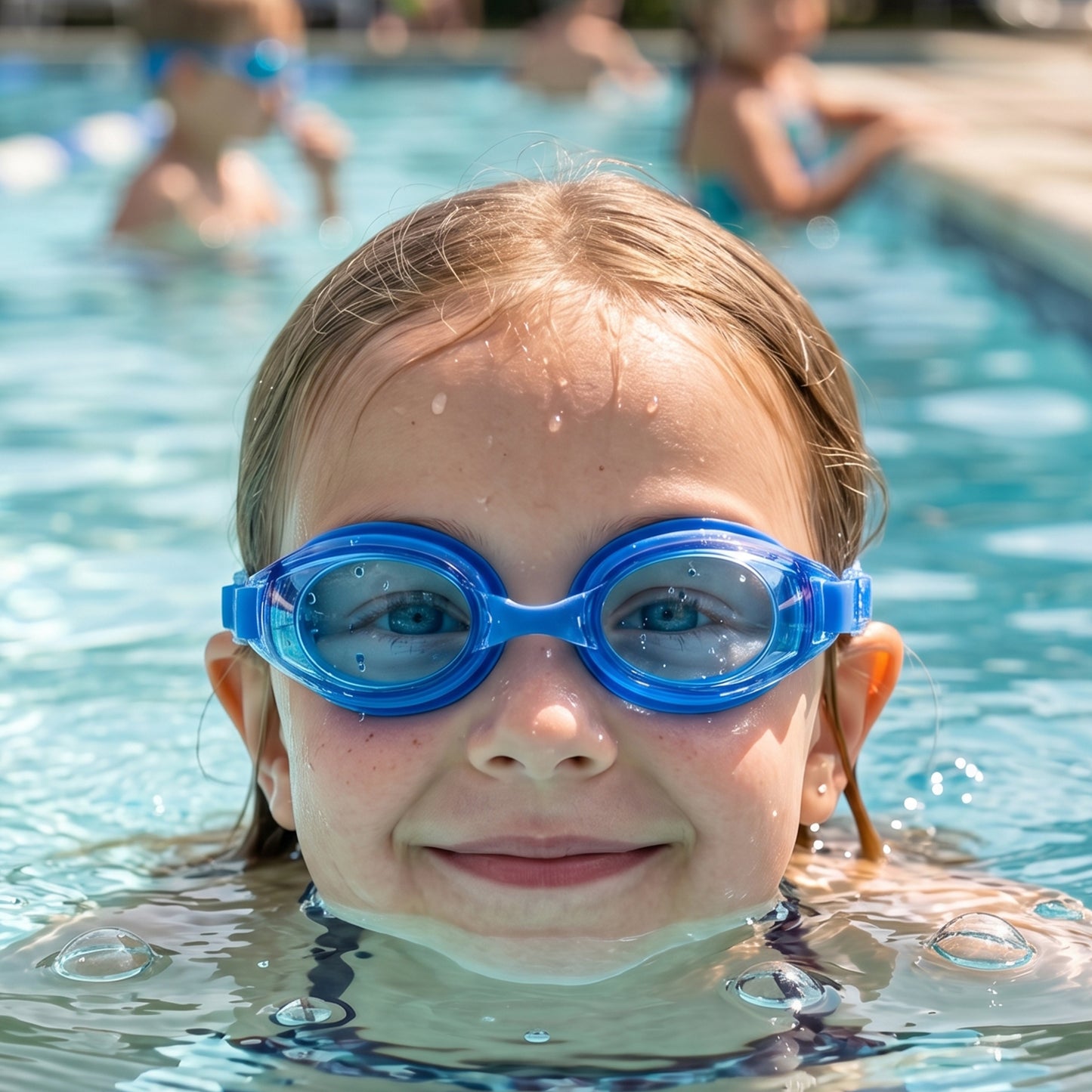 Kids Wukusy swimming goggles with clear lens, adjustable strap, and secure fit for comfortable swimming.