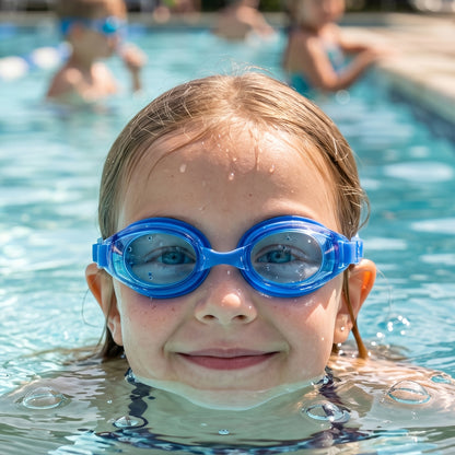 Kids Wukusy swimming goggles with clear lens, adjustable strap, and secure fit for comfortable swimming.