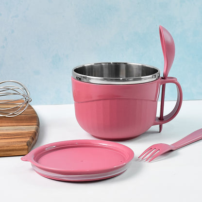 Wukusy Apex Premium 700ml multipurpose noodle bowl with handle, lid, and fork, suitable for home and kitchen use.