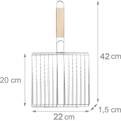 Wukusy kitchen square roaster papad grill with wooden handle, used for grilling papads and small barbecues in the kitchen.
