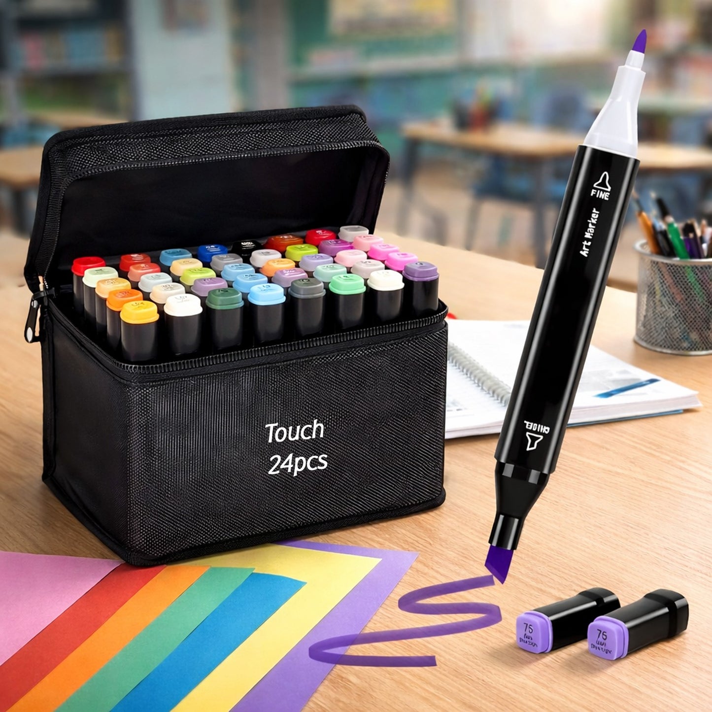 Wukusy 24-piece dual tip sketch marker pen set with storage pouch, featuring colorful markers with fine and broad tips for artists