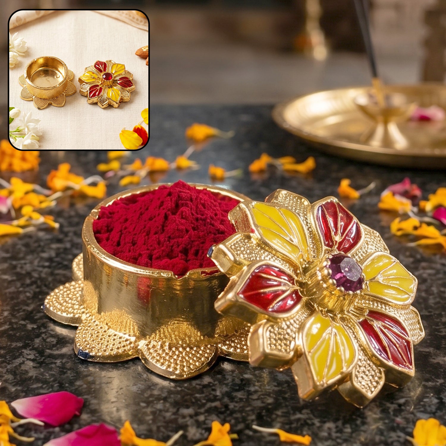 Decorative golden Kankavati Kumkum box by Wukusy, traditional Sindoor holder for Pooja, with intricate design and traditional craftsmanship.