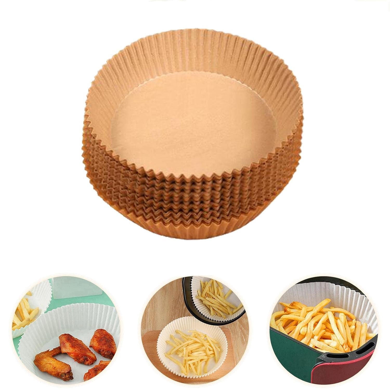 Set of 50 Wukusy round air fryer disposable paper liners, 160mm x 45mm, ideal for home kitchen use and easy clean-up.