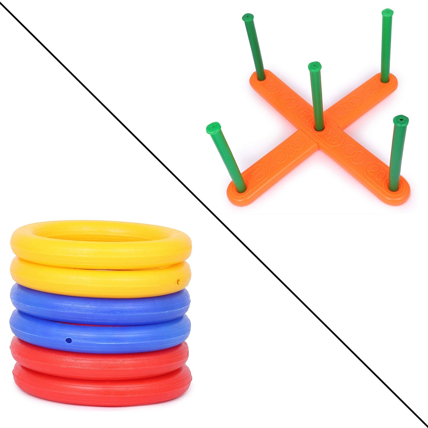 Wukusy 13-piece ring toss game for children, featuring colorful rings and game stand, suitable for indoor and outdoor play.