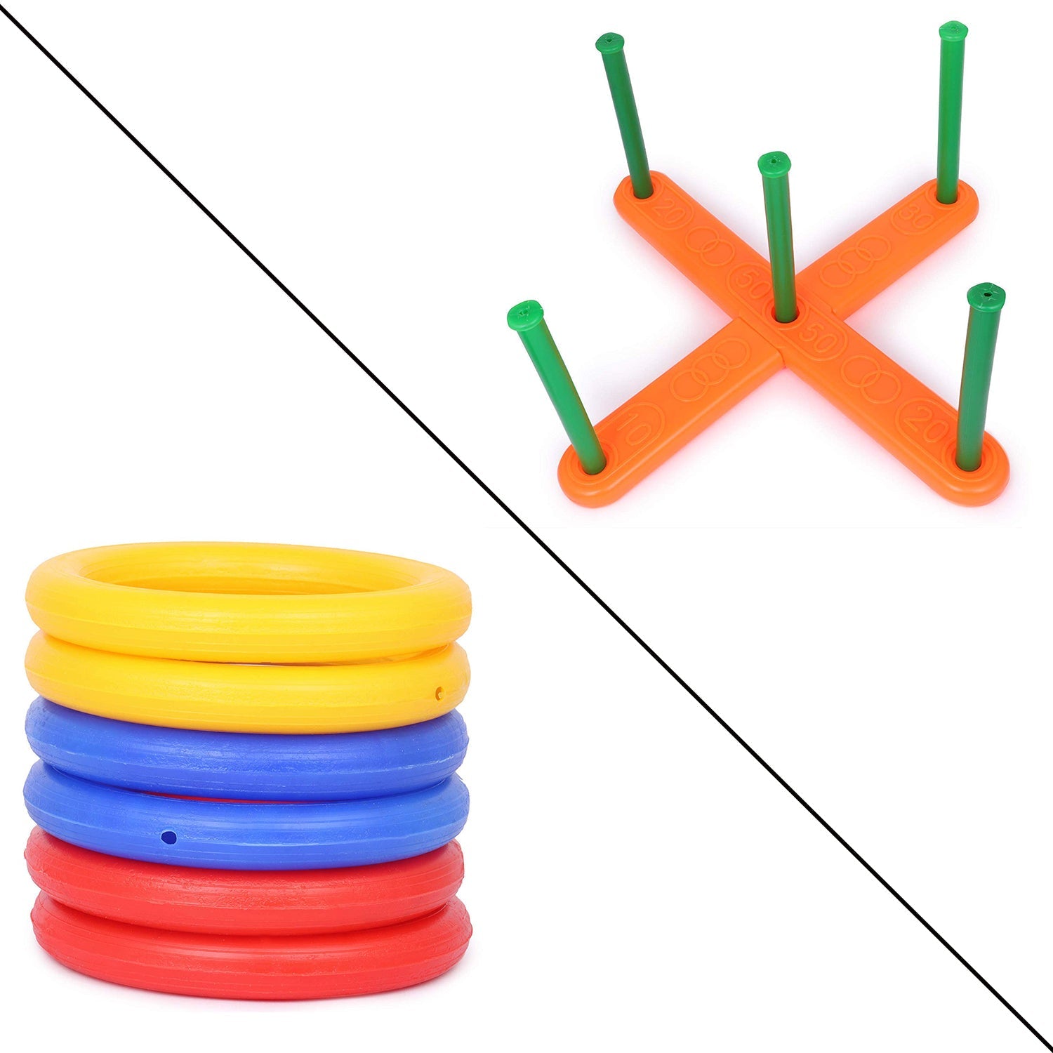 Wukusy 13-piece ring toss game for children, featuring colorful rings and game stand, suitable for indoor and outdoor play.