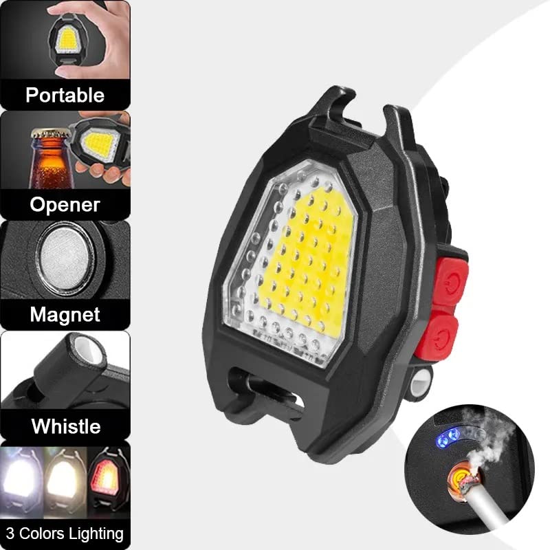 Wukusy portable triangular camping flashlight with LED, rechargeable, waterproof, 6 lighting modes, magnet, keychain, and multi-color lights.