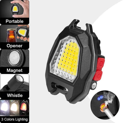 Wukusy portable triangular camping flashlight with LED, rechargeable, waterproof, 6 lighting modes, magnet, keychain, and multi-color lights.