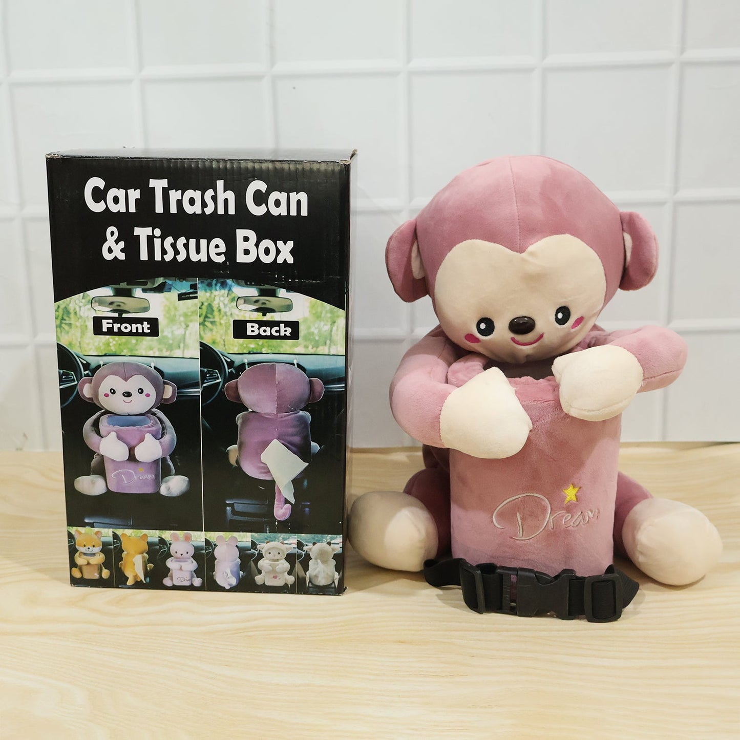 Wukusy plush monkey car trash can and tissue box holder, cute dustbin organizer for car interior with soft plush design.